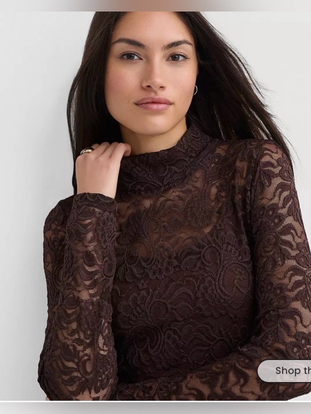 LOFT Brown Lace Long Sleeve Turtleneck Mock Neck Top XS